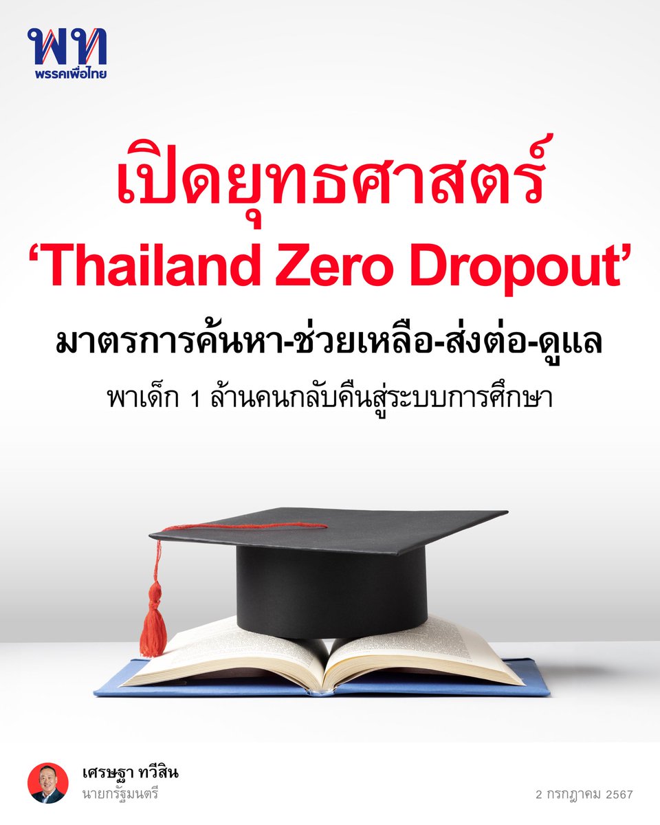 PheuThaiParty's tweet photo. • เปิดยุทธศาสตร์ ‘Thailand Zero Dropout’มาตรการค้นหา-ช่วยเหลือ-ส่งต่อ-ดูแล พาเด็ก 1 ล้านคนกลับคืนสู่ระบบการศึกษา •

นายกรัฐมนตรี สั่งการเร่งแก้ไขปัญหาเด็กและเยาวชนที่หลุดระบบการศึกษา จำนวน 1.02 ล้านคน ให้เป็นศูนย์ เริ่มปฏิบัติการค้นหา กรกฎาคม 2567 นี้ มุ่งสู่ Thailand Zero Dropout ผ่าน 4 มาตรการสำคัญ เข้า “ค้นหา-ช่วยเหลือ-ส่งต่อ-ดูแล” เด็กและเยาวชน ให้กลับเข้าสู่ระบบการศึกษาอีกครั้ง
.
ด้วยความห่วงใยของเศรษฐา ทวีสิน @Thavisin นายกรัฐมนตรี ต่ออนาคตของเยาวชนไทย ทำให้ได้สั่งการให้หน่วยงานที่เกี่ยวข้อง ร่วมบูรณาการการทำงานแก้ปัญหาเด็กและเยาวชนนอกระบบการศึกษา 

ค้นหาช่วยเหลือเยาวชนอายุ 3 – 18 ปี ที่ไม่พบข้อมูลในระบบการศึกษา และดูแลช่วยเหลือเยาวชนที่อยู่นอกระบบการศึกษาเหล่านี้ ให้กลับเข้าสู่ระบบการศึกษา 

ตามมาตรการขับเคลื่อนประเทศไทยเพื่อแก้ปัญหาเด็กและเยาวชนนอกระบบการศึกษา ให้กลายเป็นศูนย์ หรือ Thailand Zero Dropout 

เริ่มปฏิบัติการค้นหาช่วยเหลือเยาวชนนอกระบบการศึกษาตั้งแต่เดือน กรกฎาคม 2567 นี้ ทุกจังหวัดเพื่อการพัฒนาทุนมนุษย์ของไทยเพื่ออนาคตที่ยั่งยืน

คณะรัฐมนตรีมีมติเห็นชอบมาตรการขับเคลื่อนประเทศไทยเพื่อแก้ปัญหาเด็กและเยาวชนนอกระบบการศึกษา ให้กลายเป็นศูนย์ หรือ Thailand Zero Dropout (28 พฤษภาคม 2567) แสดงถึงความห่วงกังวลที่รัฐบาลมีต่อเด็ก และเยาวชน นอกระบบ จัดให้เป็นวาระแห่งชาติ โดย Thailand Zero Dropout ประกอบด้วย 4 มาตรการสำคัญ ได้แก่

1. มาตรการค้นหาเด็กและเยาวชนนอกระบบการศึกษา ผ่านการบูรณาการและเชื่อมโยงข้อมูลของหน่วยงานที่เกี่ยวข้อง มีเป้าหมายเพื่อนำไปสู่การค้นพบเด็กและเยาวชนนอกระบบการศึกษา

2. มาตรการติดตาม ช่วยเหลือ ส่งต่อ และดูแลเด็กและเยาวชนนอกระบบการศึกษา โดยบูรณาการการทำงานระหว่างหน่วยงานต่าง ๆ มีเป้าหมายเพื่อช่วยเหลือเด็กและเยาวชนแต่ละรายอย่างเหมาะสม ทั้งด้านการศึกษา สุขภาวะ สภาพความเป็นอยู่ และสภาพสังคม

3. มาตรการจัดการศึกษาและเรียนรู้แบบยืดหยุ่น มีคุณภาพ และเหมาะสมกับศักยภาพของเด็กและเยาวชนแต่ละราย มีเป้าหมายให้เด็กและเยาวชนได้รับการศึกษาและการพัฒนาเต็มศักยภาพของตนเอง

4. มาตรการส่งเสริมผู้ประกอบการภาคเอกชนให้เข้ามาร่วมจัดการศึกษาหรือเรียนรู้มีเป้าหมายเพื่อกระตุ้นให้ผู้ประกอบการเข้ามามีส่วนร่วมในการจัดการศึกษาหรือการเรียนรู้ในลักษณะ Learn to Earn

โดยตั้งแต่เดือนกรกฎาคม 2567 ทุกจังหวัดจะ Kick off กระบวนการค้นหาและช่วยเหลือเด็กและเยาวชนนอกระบบการศึกษาทั้งประเทศ ใช้ Application “Thai Zero Dropout” สนับสนุนภารกิจ สำรวจค้นหา วางแผน ช่วยเหลือ และเชื่อมโยง ส่งต่อการช่วยเหลือทั้งระดับพื้นที่และระดับประเทศ รวมถึงการติดตามความก้าวหน้า

เด็ก Dropout หมายความถึงเด็กหรือเยาวชนที่หลุดจากระบบการศึกษา โดยองค์การยูเนสโกและยูนิเซฟได้ให้นิยามสากลคำว่า เด็กเยาวชนนอกระบบการศึกษาไว้ 5 มิติ” ได้แก่

มิติที่ 1 เด็กปฐมวัยที่ไม่ได้เข้าเรียนชั้นอนุบาลหรือประถมศึกษา

มิติที่ 2 เด็กที่เข้าเรียนช้า หรือได้เข้าเรียนระดับประถม แต่หลุดจากระบบไป

มิติที่ 3 เด็กที่เข้าเรียนช้า หรือได้เข้าเรียนระดับมัธยมต้น แต่หลุดจากระบบไป

มิติที่ 4 เด็กที่เสี่ยงหลุดจากระบบ ในระดับประถม

มิติที่ 5 เด็กที่เสี่ยงหลุดจากระบบ ในระดับมัธยมต้น