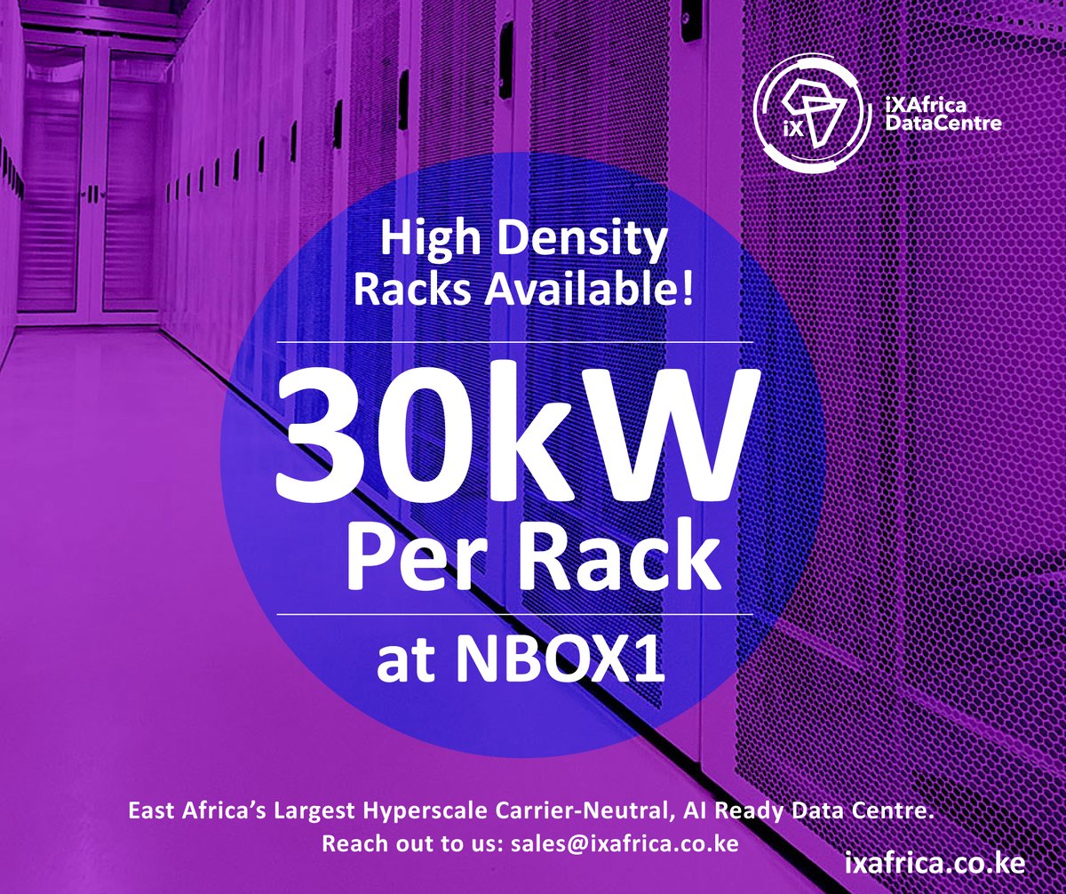 iXAfrica Data Centres is pleased to announce to our customers that high density racks are available with 30kW per rack at NBOX1! Reach out to us: sales@ixafrica.co.ke
#datacentre #colocation #power #iXAfrica #Kenya