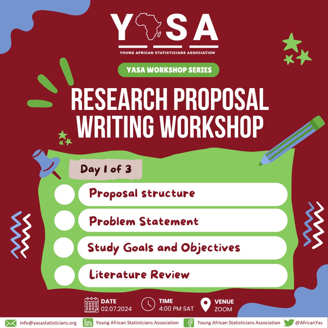AfricanYas's tweet photo. 📢Join us today for Day 1 of the YASA Workshop Series: Research Proposal Writing Workshop📢
⏰4:00 PM SAST (South African Time)
🗓️2nd of July 2024
Register here: https://t.co/J2vZTsw2aF
#ResearchProposal #WritingWorkshop #YASAssociation https://t.co/0xM3SOrwVM