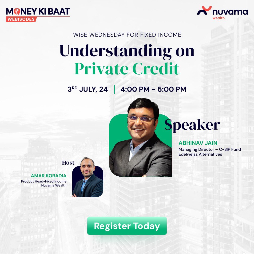 Nuvama_Wealth's tweet image. Discover insightful #webisodes this week featuring in-depth discussions on Understanding Private Credit, the Snowball Effect on Investing, and the Product vs. Portfolio Approach to Investing - Part 1.
Register now, by clicking the link below:
tinyurl.com/4ap7zmw 
#MoneyKiBaat