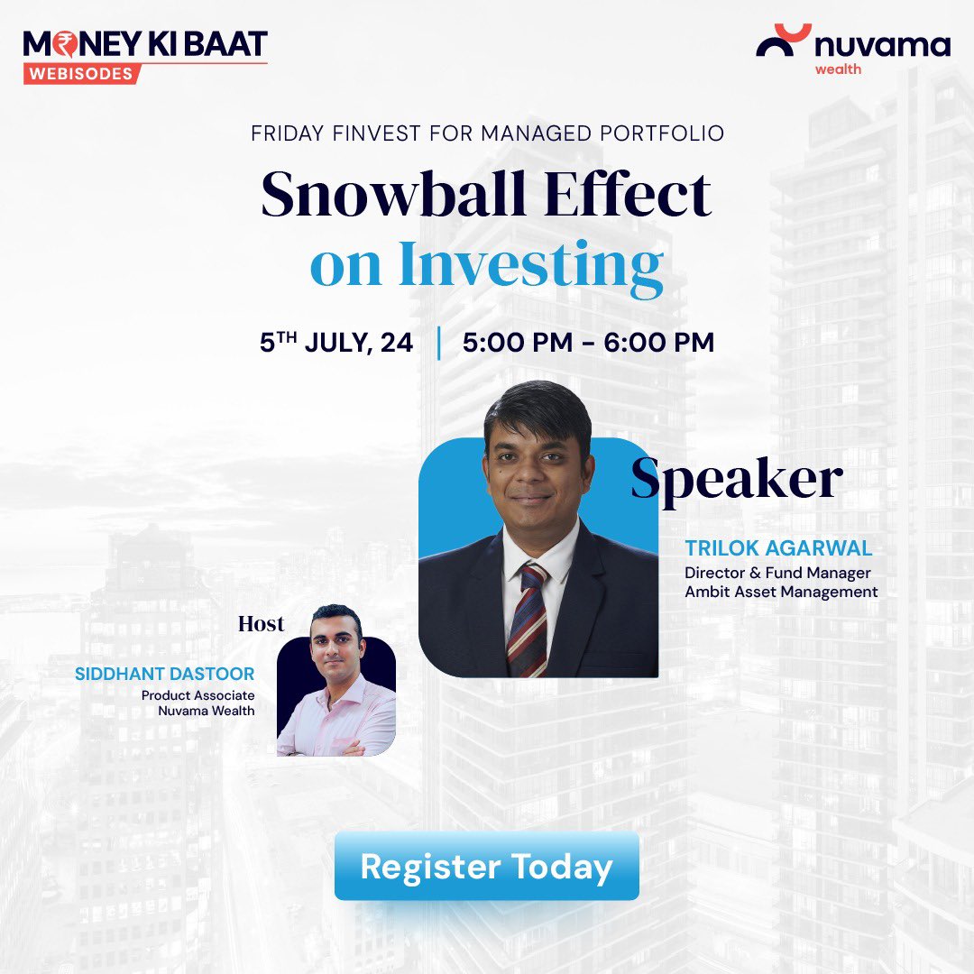 Nuvama_Wealth's tweet image. Discover insightful #webisodes this week featuring in-depth discussions on Understanding Private Credit, the Snowball Effect on Investing, and the Product vs. Portfolio Approach to Investing - Part 1.
Register now, by clicking the link below:
tinyurl.com/4ap7zmw 
#MoneyKiBaat