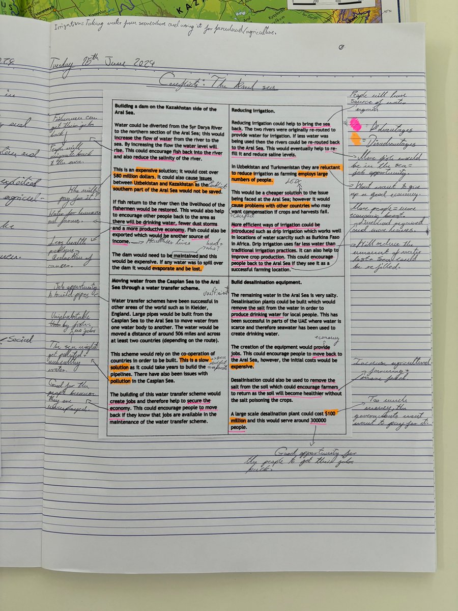 Intergeogteach's tweet photo. As part of the conflicts SoW, students looked at the disappearance of the Aral Sea. 

Firstly, they identified the causes and consequences of the disappearance and then went on to evaluate the possible solutions to reviving the Aral Sea. https://t.co/MdaHQezgwJ