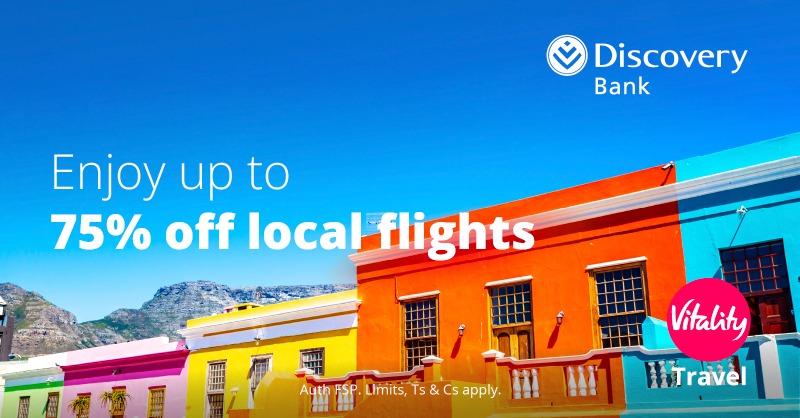 Discovery_SA's tweet photo. Get up to 75% off local flights with Discovery Bank and enjoy a getaway that’s easy on your pocket.