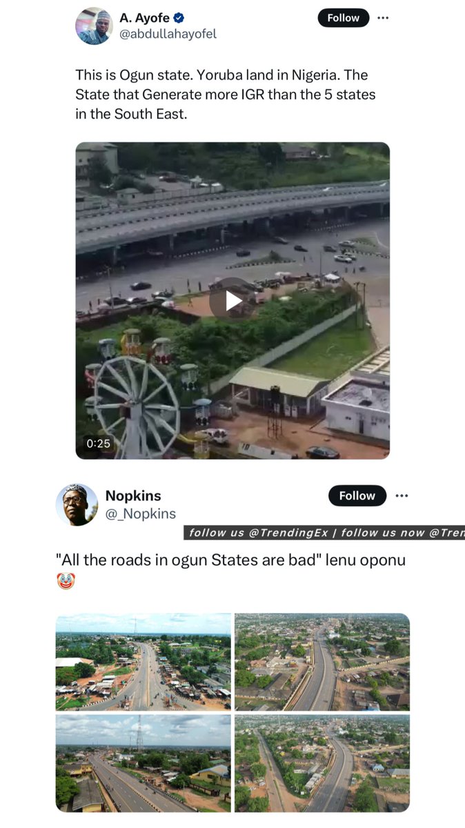 TrendingEx's tweet photo. Ijoko is trending because a video showing the deplorable condition of Ijoko road went viral.

Ogun State government succumbed to pressure and tried to save face by listing major road projects they've done under Dapo Abiodun. And allegedly activated some influencers.

They listed 46 roads they constructed. Ogun inidgenes are asking them if the roads they mentioned are visible or invisible. Because most of the roads they mentioned are now as bad as it was in the last 10yrs. And, it's a shame that a major road like Ijoko road has not been improved.

However, what further fueled the frustration was when some political influencers engaged to do PR for the state, mentioned that Ogun state generates more money than five south eastern states.

Indigenes tore into them.