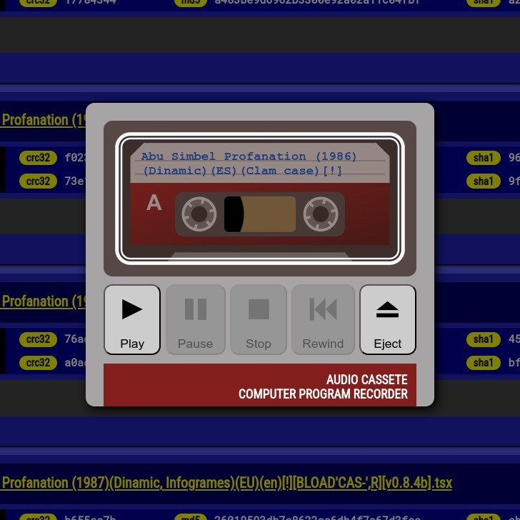 Now you can use your PC or phone like an audio tape player with your MSX directly from the web: tsx.eslamejor.com
Ahora puedes usar tu PC o móvil como reproductor de cintas con tu MSX directamente desde la web.

<a href="/imulilla/">Israel</a> <a href="/araubiMSX/">araubi</a> <a href="/MSXGamesWorld/">MSX Games World</a> <a href="/ArnaudDeKlerk/">Arnaud de Klerk | 𝐓𝐇𝐄 𝐅𝐈𝐋𝐄-𝐇𝐔𝐍𝐓𝐄𝐑</a>  <a href="/msxall/">🐧 🅼🆂🆇🅰🅻🅻 (www.msxall.com) #MSXALL</a>