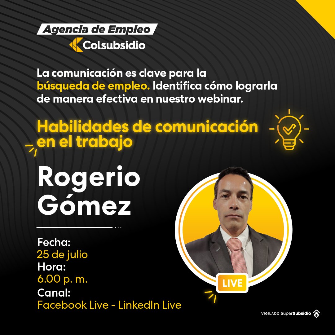 Te esperamos en este espacio que te permitirá una comunicación más efectiva y asertiva para poner en práctica en tu día a día laboral.

¡Te esperamos!

Conoce más en agenciadeempleocolsubsidio.com/eventos
