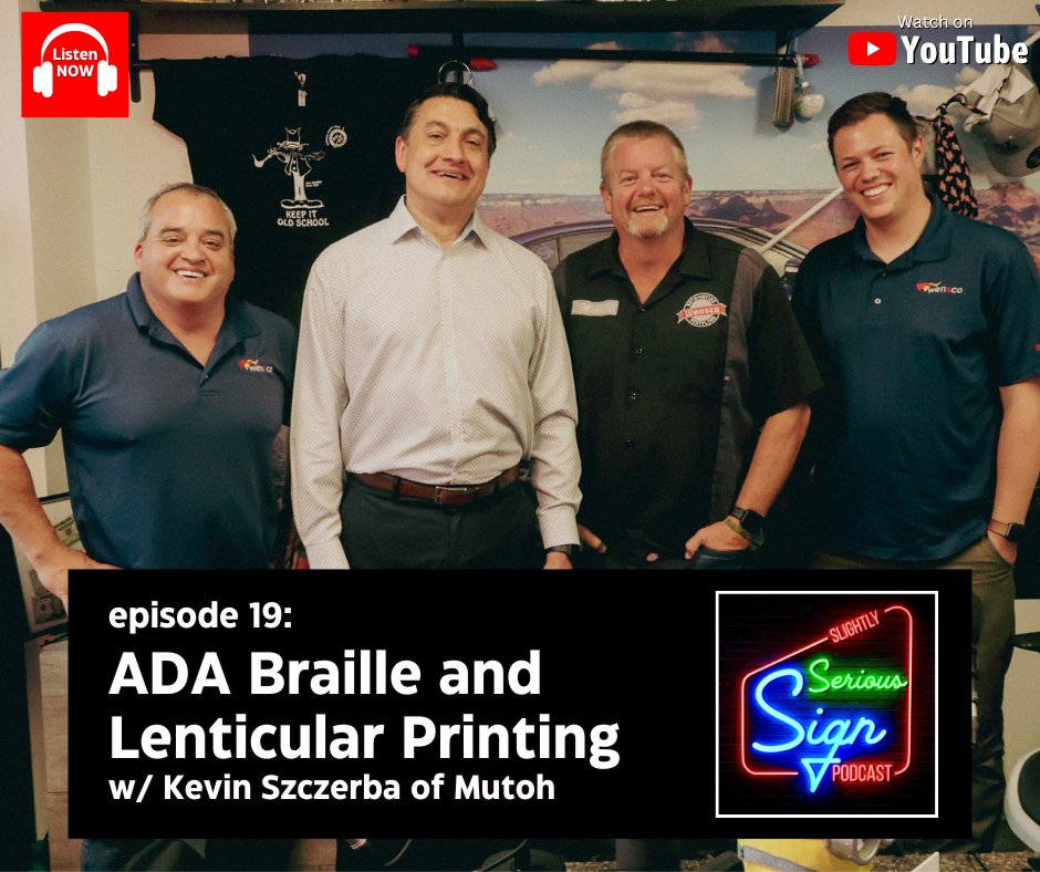 Wensco_Sign's tweet image. EP 19: Kevin Szczerba of @mutohamerica stops by to talk about Braille and how, you&apos;re leaving money on the table if you aren&apos;t doing it. Also, what you can print on the XpertJet 1462UF and the XpertJet 661UF. One you have to watch!

#wideformatprinter #uvled #pinter #signage