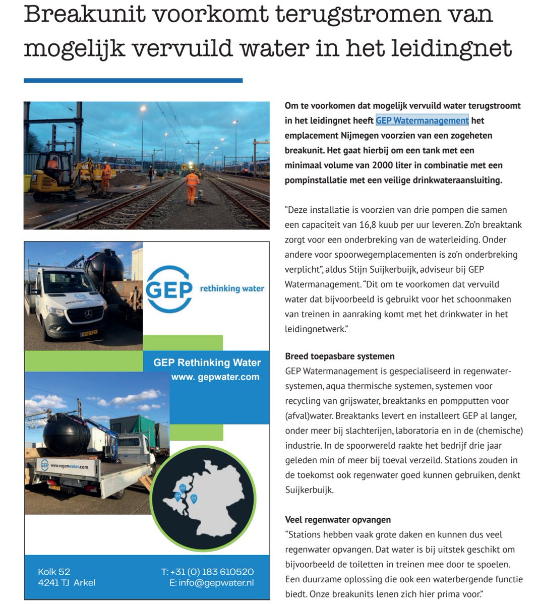 Onlangs heeft GEP voor Van Ooijen Gouda een zogeheten “breakunit” geleverd.  GWW Infra heeft hier in een artikel aandacht aan besteed. 
Het hele artikel lezen? Dan kan via gwwinfra.nl/vakblad/editie…

#GEP #regenwater #rethinkingwater #regenwatertank #breaktank #veiligheid