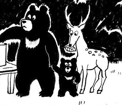 動物村の村長を決める投票日。
ツキノワグマの月子は息子と選挙に行った。無邪気に走り回る瓜坊たち。息子は何にビックリしているのだろうう。それはともかく20年後50年後のこの山が豊かであって欲しいと願い、葉っぱの投票用紙を入れる月子であった。