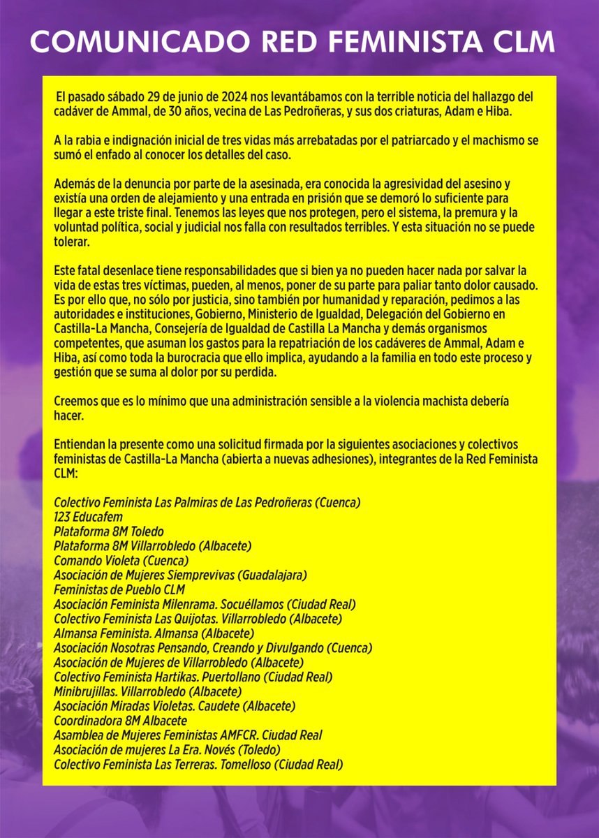 8m_toledo's tweet photo. Comunicado Red Feminista #CLM 
#Toledo 
#Guadalajara 
#CiudadReal 
#Albacete 
#Cuenca 
#FeministasClm 
#BastaYa #NiUnaMenos https://t.co/OAXYxdM7px