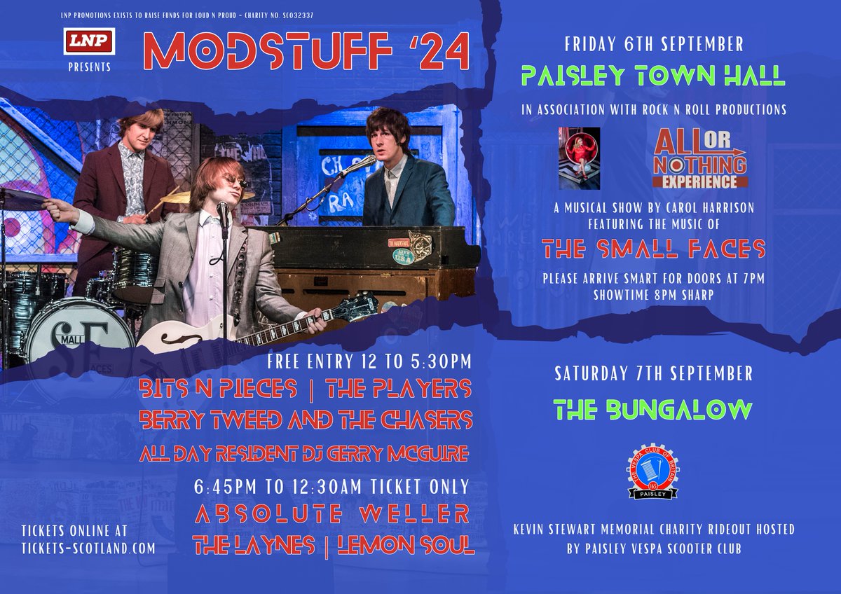 LNPPromotions's tweet image. #ModStuff @paisleytownhall @BungalowPaisley  Tickets available at link here: ⏭️t-s.co/lnpp0
please RT 👍 @ticketsscotland