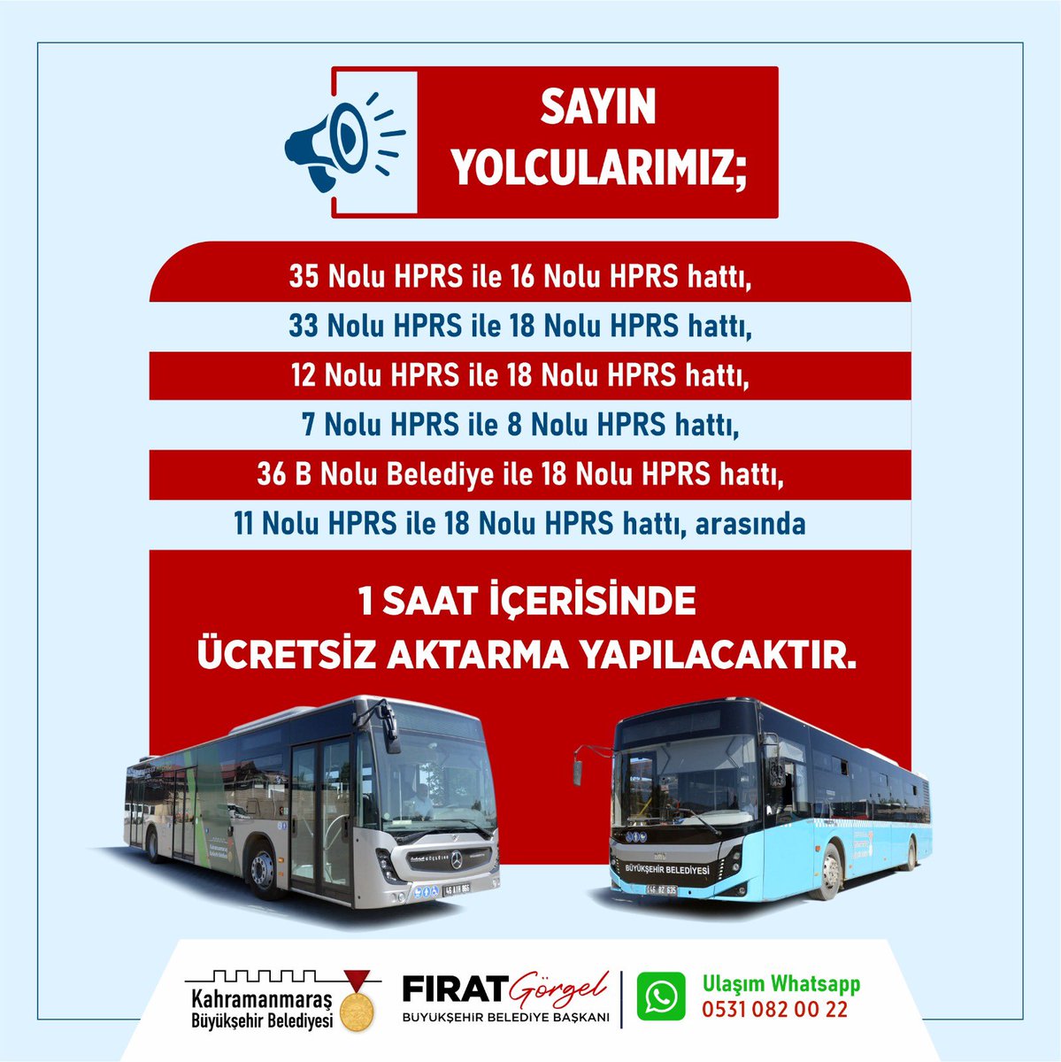 Şehir içi toplu ulaşımda bazı hatlardan hastanelere ulaşım sağlayan 8, 16 ve 18 numaralı hatlara 1 saat içerisinde yapılacak aktarmalar ücretsiz olacaktır. 🙋🏻‍♂️

Ücretsiz aktarma hizmeti;
🚍35 nolu hat ile 16 nolu hat
🚍33 nolu hat ile 18 nolu hat
🚍12 nolu hat ile 18 nolu hat
🚍7