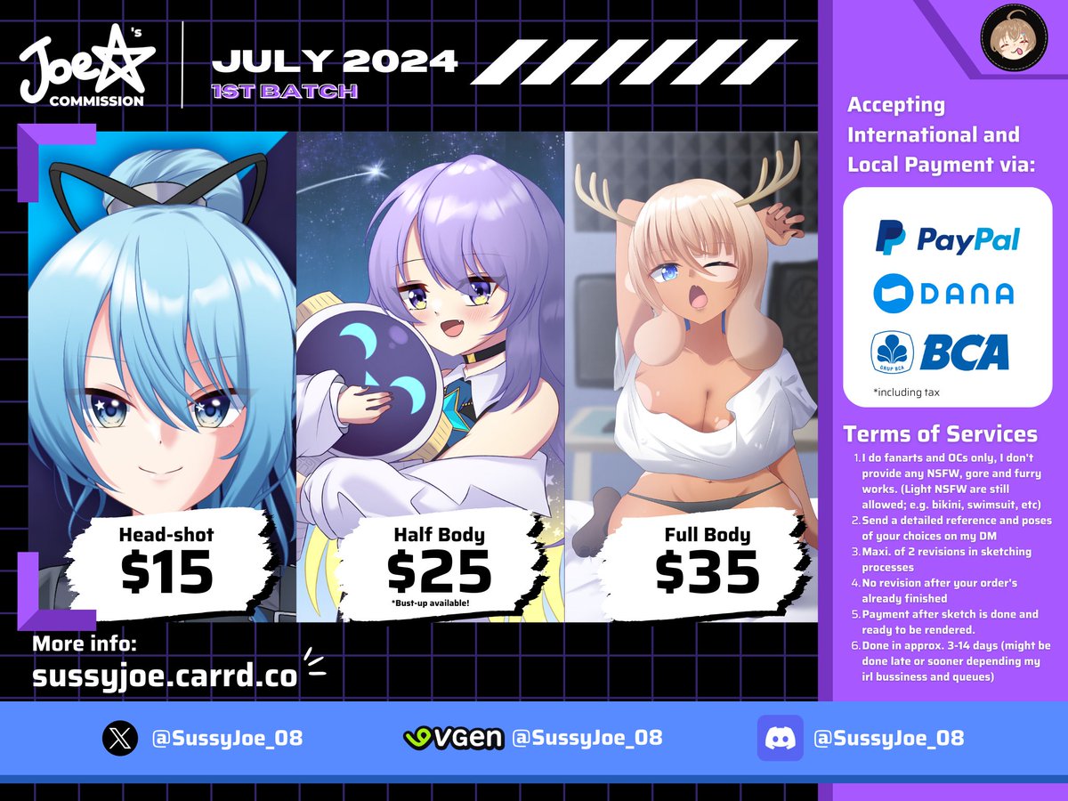 SussyJoe_08's tweet photo. Heya~ 👋
July Comms is here!
Please read terms of services before ordering and happy ordering! 
Limited to 3 slots only!

More info: https://t.co/T3dHfKd5dh 

#commissionsopen #commissionart #Commission #opencommissions https://t.co/DRdXw1QjAQ