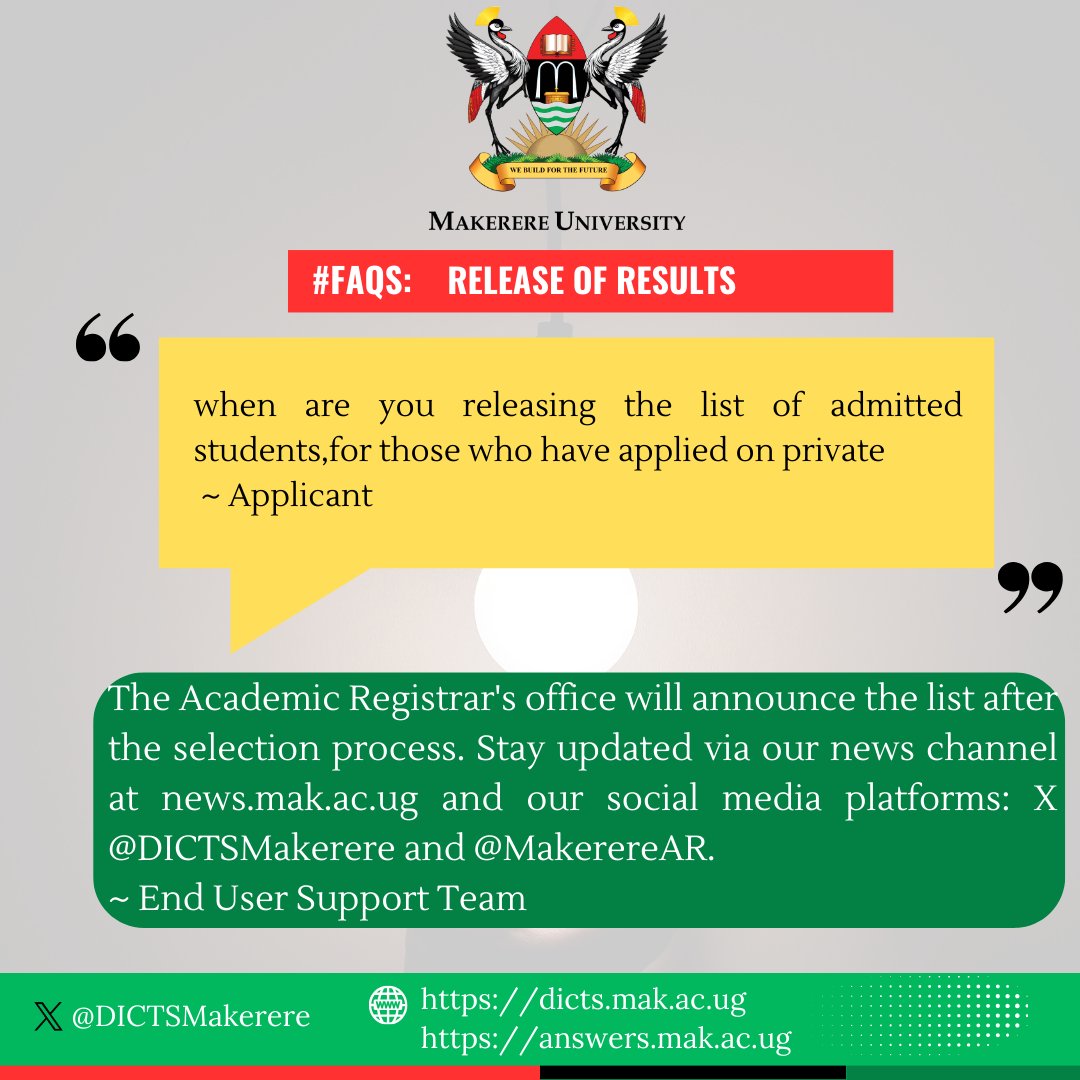 Directorate For ICT Support - Makerere University (@dictsmakerere) on Twitter photo Wondering when Admission results will be released?
Admission results will be released after the selection process is complete. For updates, follow <a href="/MakerereAR/">Academic Registrar's Office -Makerere University</a> and <a href="/MakerereNews/">Makerere University News</a> on X and stay tuned to our news platform at news.mak.ac.ug for updates regarding results. Wondering when Admission results will be released?
Admission results will be released after the selection process is complete. For updates, follow <a href="/MakerereAR/">Academic Registrar's Office -Makerere University</a> and <a href="/MakerereNews/">Makerere University News</a> on X and stay tuned to our news platform at news.mak.ac.ug for updates regarding results.