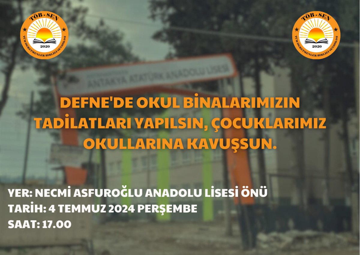 DEFNE İLÇESİ SAHİPSİZ DEĞİLDİR!
Defne İ.Milli.E. Müdürü istifa etmelidir.
Depremin ardından neredeyse 1.5 yıl geçti.Defne'de az ve orta hasarlı binaların tadilatları yapılmayarak, çocuklarımız ve velilerimiz mağdur ediliyor.
Bu halkın öğretmenleri olarak buna sesiz kalmayacağız!