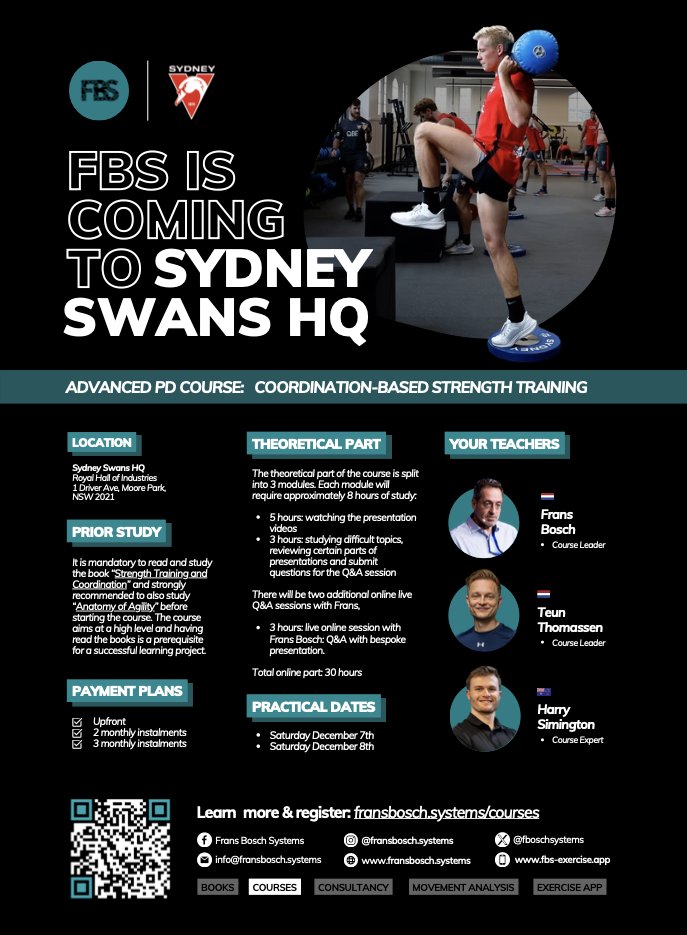 The Sydney Swans and FBS are joining forces to host an exclusive PD-course at their HQ in Sydney later this year. This course will provide you with the latest insights and application in sport performance, injury prevention, and rehabilitation.

#sydneyswans
#FBS