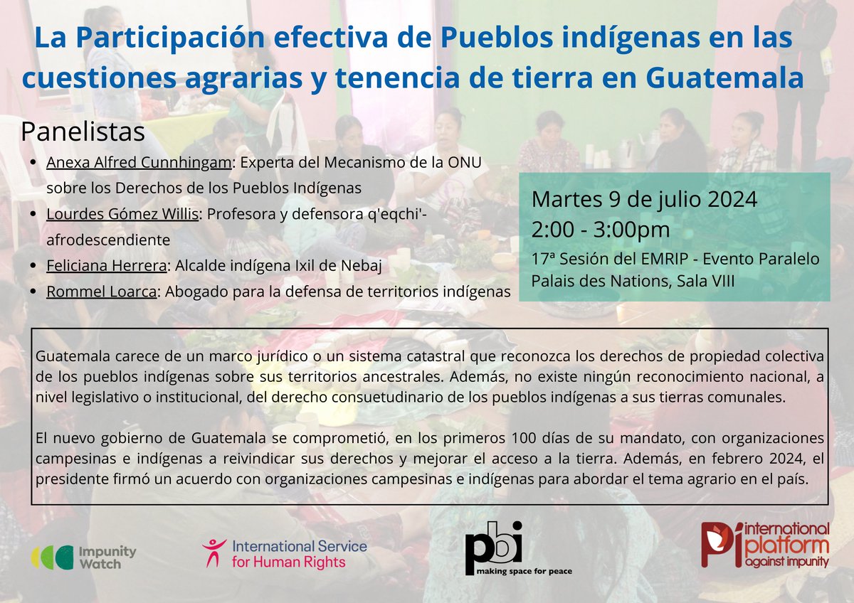 PBI Geneva (@pbigeneva) on Twitter photo 🇬🇹 ¡Únanse a nosotros el martes 9 de julio para un evento paralelo del #EMRIP sobre la participación de los pueblos indígenas en las cuestiones agrarias en Guatemala! Con la participación de <a href="/AlfredAnexa/">Anexa Alfred Cunningham</a> y de tres activistxs de Guatemala. 🇬🇹 ¡Únanse a nosotros el martes 9 de julio para un evento paralelo del #EMRIP sobre la participación de los pueblos indígenas en las cuestiones agrarias en Guatemala! Con la participación de <a href="/AlfredAnexa/">Anexa Alfred Cunningham</a> y de tres activistxs de Guatemala.