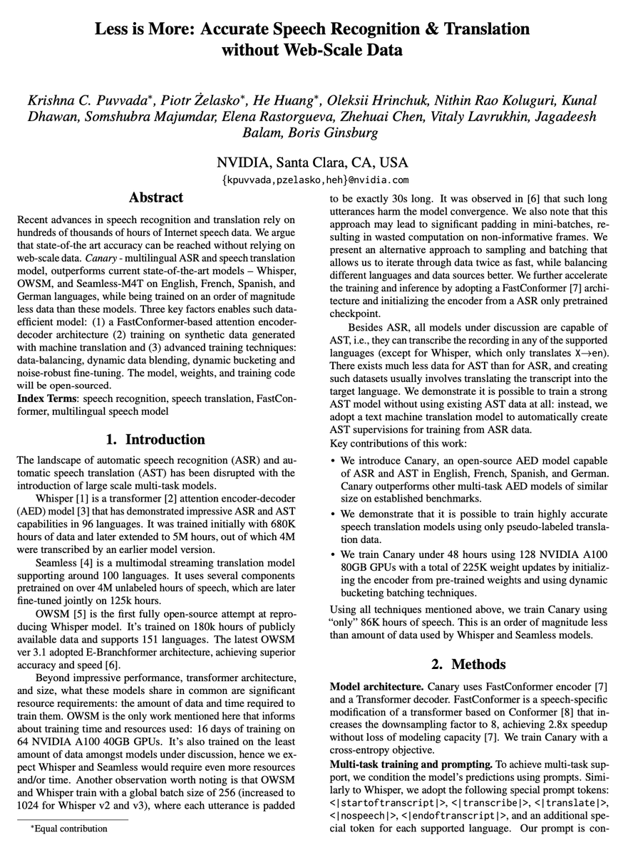 Piotr Żelasko (@piotrzelasko) on Twitter photo Our paper about Canary has been accepted to <a href="/ISCAInterspeech/">INTERSPEECH 2025</a> and is now available on Arxiv. Check it out to learn how we trained one of the most powerful open-source ASR and speech translation models!
arxiv.org/abs/2406.19674 Our paper about Canary has been accepted to <a href="/ISCAInterspeech/">INTERSPEECH 2025</a> and is now available on Arxiv. Check it out to learn how we trained one of the most powerful open-source ASR and speech translation models!
arxiv.org/abs/2406.19674