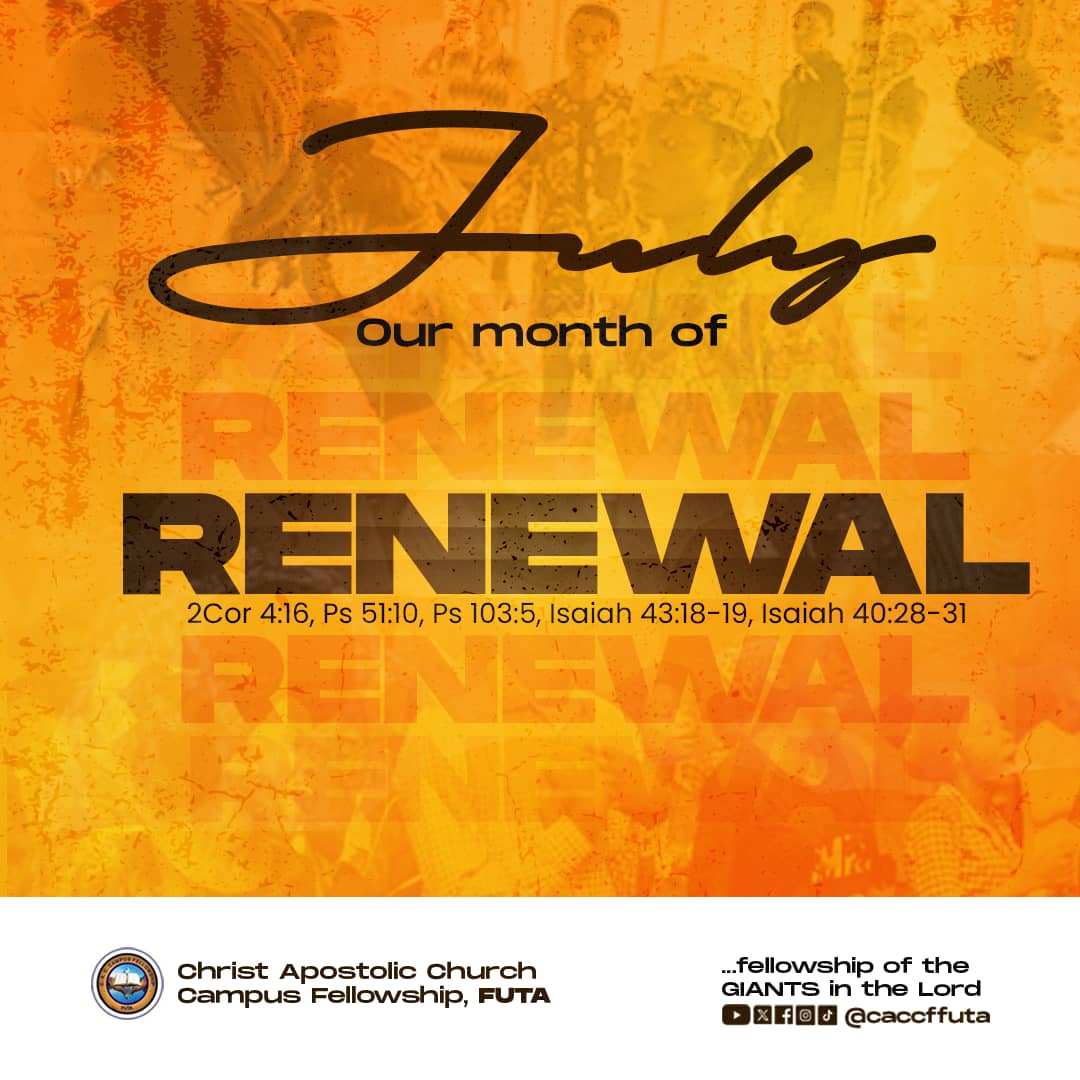 caccffuta_'s tweet photo. Happy New Month, Giants! 🎉
Welcome to July, our month of Renewal.
As we enter this new season, let us hold on to the verses for the month. 2 Corinthians 4:16: "Therefore we do not lose heart. Though outwardly we are wasting away, yet inwardly we are being renewed day by day. https://t.co/kl30tBzBUX