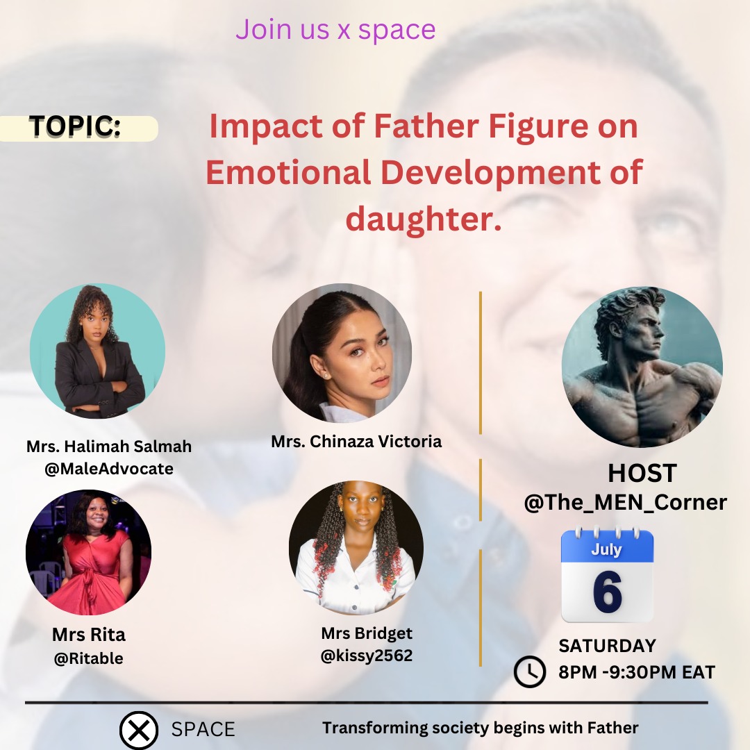 The_MEN_Corner's tweet photo. Day: Saturday
Date: 6th July 2024
Time: 8-9:30pm
Men join and here the experience of these Great Ladies with their fathers. https://t.co/aOybKttaZR