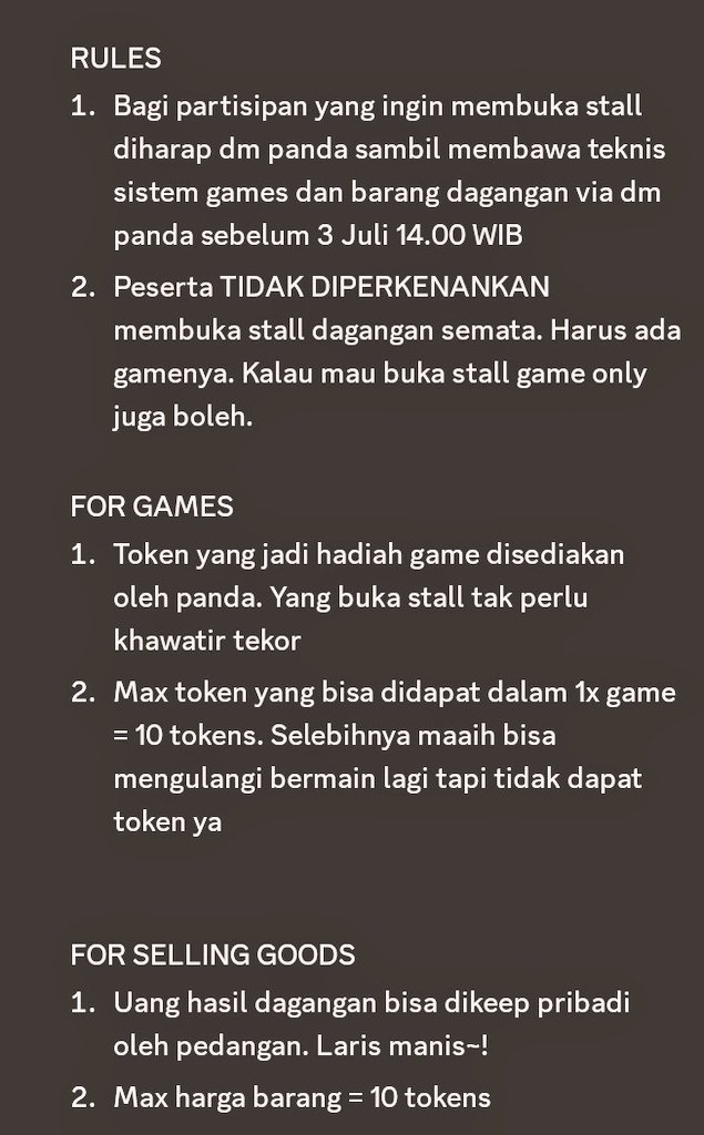Pandacappella's tweet photo. ANNOUNCEMENT。

——
Sehubungan dengan kegiatan MARKET DAY yang akan diadakan besok, Panda menawarkan bagi siapapun (termasuk partisipan acara) yang ingin membuka stall saat acara berlangsung. Adapun berikut ketentuan yang berlaku dalam pembukaan stall di market day.
—— https://t.co/k6M5VjUouK