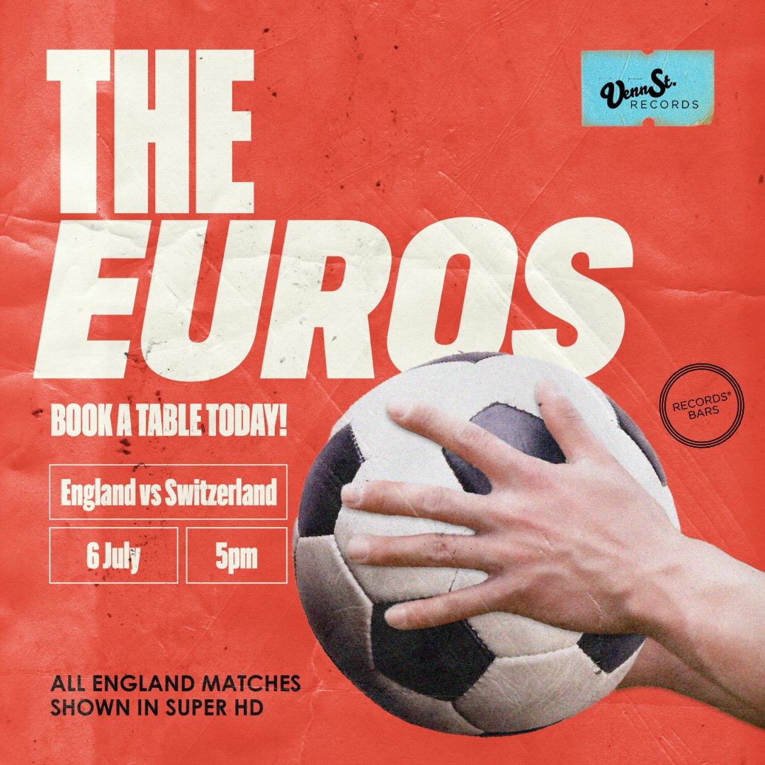 The QUARTER- FINALSSS are approaching… ⚽️

England V Switzerland 5PM KO 🏴󠁧󠁢󠁥󠁮󠁧󠁿🇨🇭

BIG screens and even bigger vibes 📺🔥

Book your tables now! And don’t forget we have a DJ live from 9pm 🎶🕺