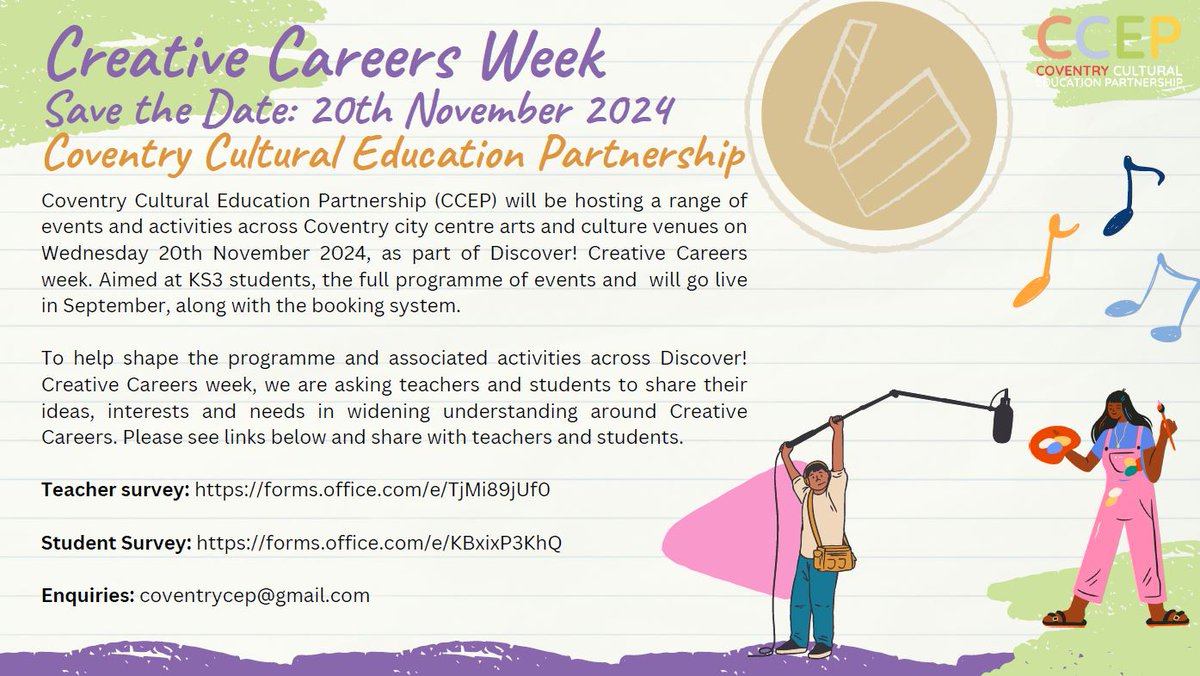 Save the Date for our Creative Careers week and fill out our survey to let us know what you'd like to see covered
Teacher survey: forms.office.com/e/TjMi89jUf0
Student Survey: forms.office.com/e/KBxixP3KhQ
Email us at: coventrycep@gmail.com
