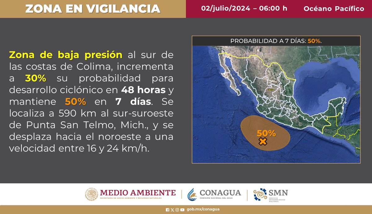 conagua_clima's tweet photo. ⚠️ El #SMNmx mantiene en vigilancia una zona de #BajaPresión, que puede desarrollar un #CiclónTropical en la cuenca del océano #Pacífico.
🤓 Detalles, en el gráfico 👇 https://t.co/G6FqY40HrC