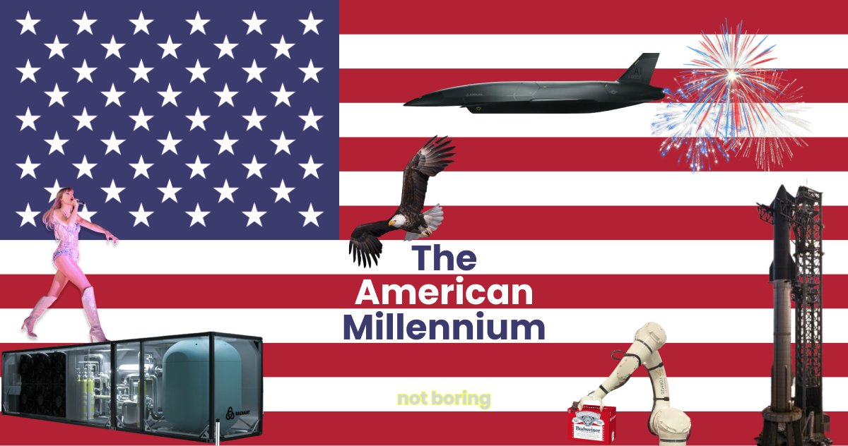 Packy McCormick (@packym) on Twitter photo The American Empire is not over.
It's the first Capitalist Empire, defined not by its ability to expand geographically to capture existing resources, but by its ability to expand technologically to create new ones.
This is the American Millennium. The American Empire is not over.
It's the first Capitalist Empire, defined not by its ability to expand geographically to capture existing resources, but by its ability to expand technologically to create new ones.
This is the American Millennium.