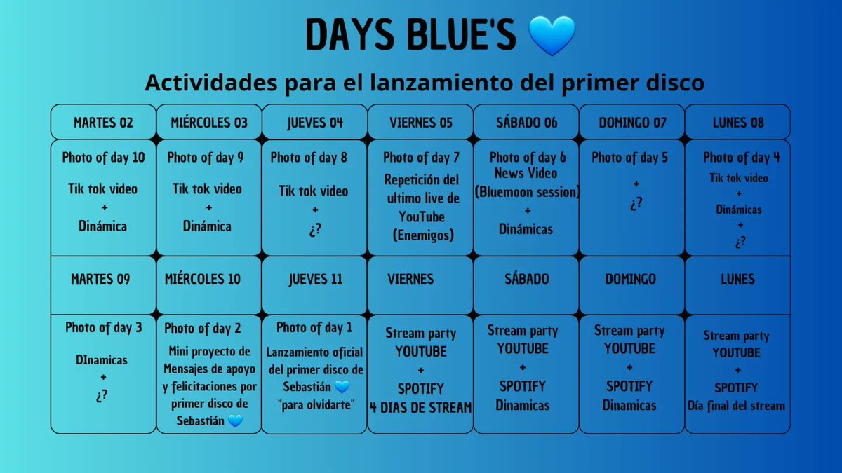 bluemoon_goff's tweet photo. Hola blue's 💎 Hoy iniciamos con nuestros primeros days blue's 💙 Por el lanzamiento del Primer Disco 💿 de Sebastián Tenemos una semana y media llena de actividades para que puedan disfrutar el lanzamiento de "Para Olvidarte" 🍒 El calendario de Days blue's 💫 https://t.co/KOfrTYVFSQ