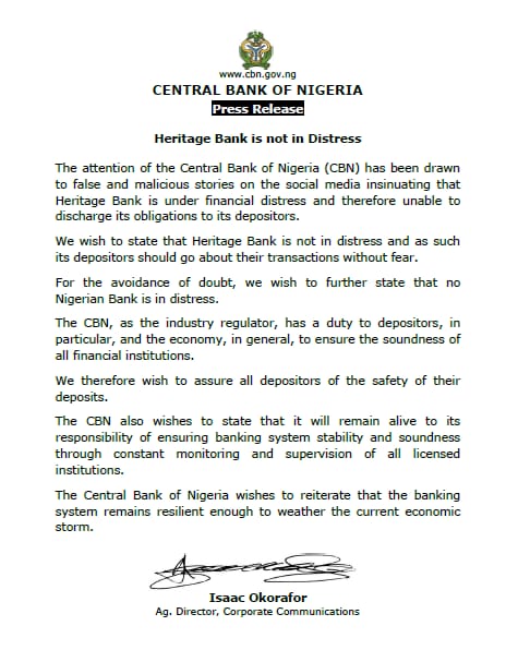 Admiral_Ike's tweet photo. This was last year  press release of @cenbank assuring Nigerians, now tis year without notice they retrieve the license of the same heritage bank. Now @NDICNigeria comes out to lie again withholding people's money. Tis country has failed us. Govt is dead here https://t.co/d8yKIBckyQ