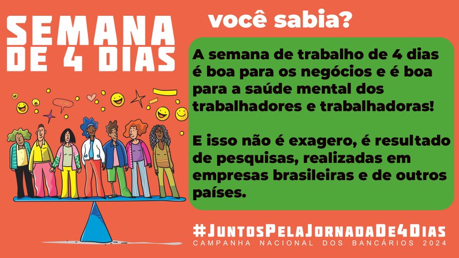 Juvandia's tweet photo. Vamos pensar no futuro, @Febraban!
#JuntosPelaJornadaDe4Dias já acontece em vários países e não houve diminuição de produtividade! https://t.co/AfrRD7wqcC