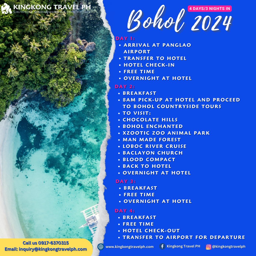kingkong_ph's tweet photo. 🌴 Bohol is calling, and your family needs a break! 🏖️ Reserve your slots today for just P3,000 per person, and let us handle the rest. Pack your bags and let the fun begin! 🌞✈️ #BoholAdventure #FamilyVacation #LeaveThePlanningToUs #KingkongTravelPh #InstallmentPlanAvailable 📆 https://t.co/6tQuFBTKQA