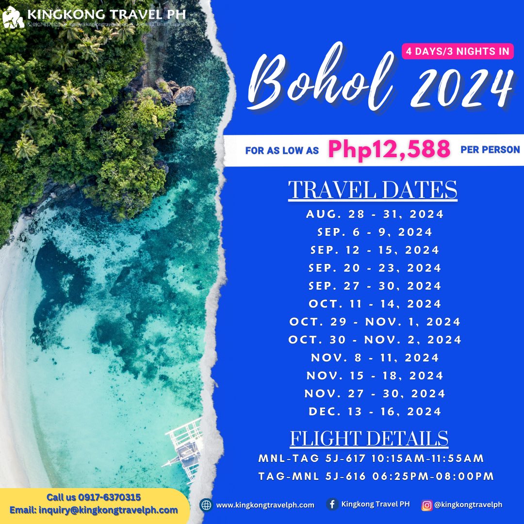 kingkong_ph's tweet photo. 🌴 Bohol is calling, and your family needs a break! 🏖️ Reserve your slots today for just P3,000 per person, and let us handle the rest. Pack your bags and let the fun begin! 🌞✈️ #BoholAdventure #FamilyVacation #LeaveThePlanningToUs #KingkongTravelPh #InstallmentPlanAvailable 📆 https://t.co/6tQuFBTKQA