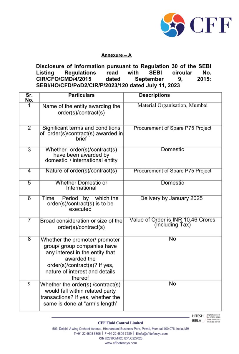 Anvith_'s tweet image. #CFF #CFFfluidControl Order Update;

CFF Fluid Control has received the
Contract for Procurement of Spare P75 Project from Material
Organisation, Mumbai totalling to approx. Rs. 10.46 Crores including tax.

@drprashantmish6 @BaluGorade @MeyyappanPl1 @Vismaya9999 

Disc: No reco.