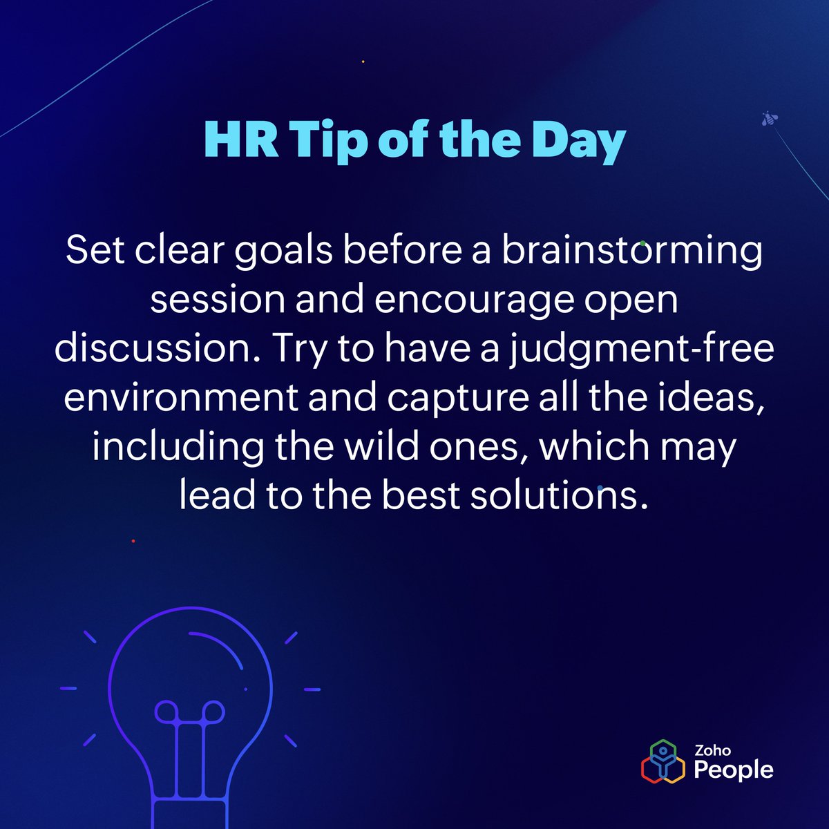 ZohoPeople's tweet photo. Boost innovation and problem-solving in your team with these essential tips for brainstorming sessions.
#HRTipoftheDay #Brainstroming https://t.co/UL0xWvHeAS