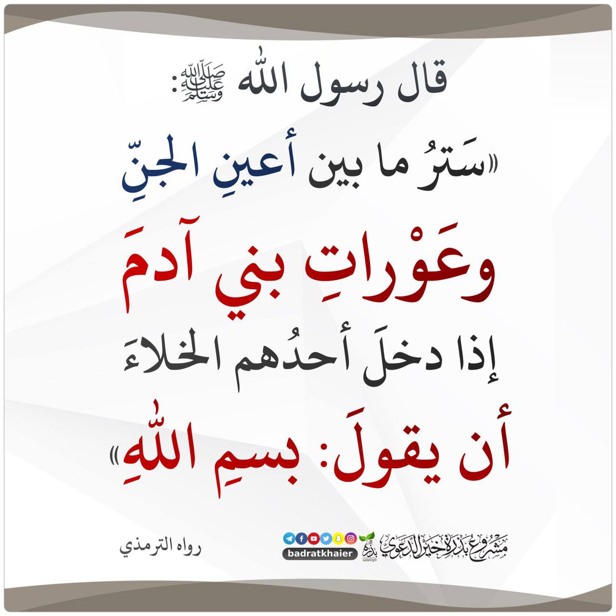 عن علي بن أبي طالب رضي الله عنه أن رسول الله صلى الله عليه وسلم قال : ( ستر ما بين أعين الجن وعورات بني آدم إذا دخل أحدهم الخلاء أن يقول : بسم الله ) صحيح الترمذي