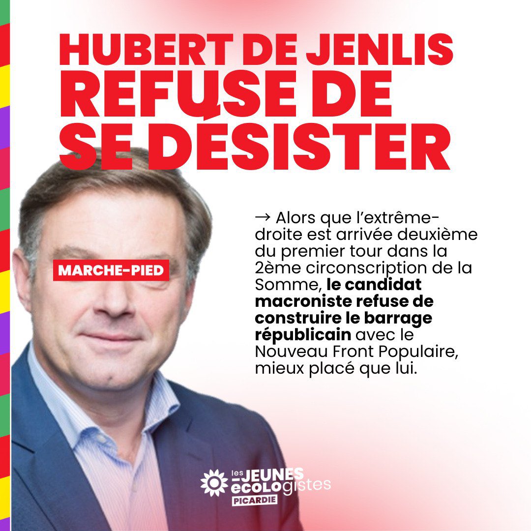 Bonjour <a href="/HubertdeJenlis/">Hubert de Jenlis</a>, vous avez jusqu'à ce soir pour vous désister au profit de <a href="/ZahiaHamdane/">Zahia Hamdane</a> et rester du coté de la République. Dans le cas contraire vous devrez assumer que vous avez sciemment été un marche-pied du fascisme.