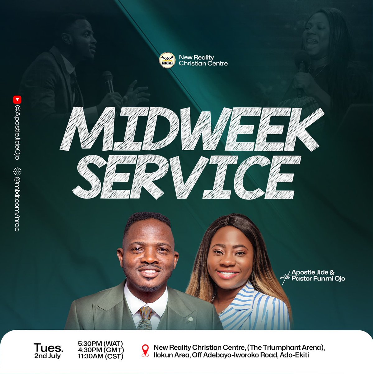 nrcc_adoekiti's tweet photo. Yeah guysss!💃🏼💃🏼
Hollup! It's another Tuesday!🙌
It is time to get fed with God's word again. Join @ApostleJideOjo & @pstfunmiojo for another impartation of God's word, this evening at 5:30pm (wat)....
#Newrealitycc #midweekservice
#Nrccglobal #Favoredtribe
#apostlejideojo https://t.co/FnRd1CJPrW