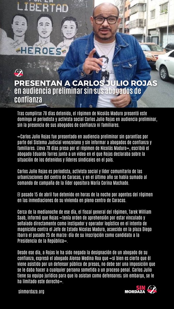 Sinmordaza's tweet photo. Presentan a Carlos Julio Rojas en audiencia preliminar sin sus abogados de confianza
#CarlosJulioRojas #activistaDDHH #DerechosAlaDefensa #DetenciónArbitraria #presospolíticos #DDHH #DDHHVenezuela https://t.co/QRwKJjPoPy