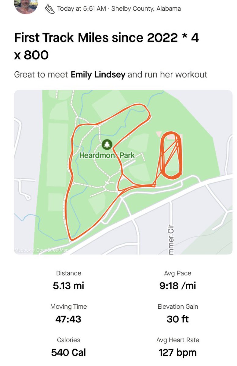 Bama26Point2's tweet image. 5:51am * 72°F * first track workout since 2022 - 4 x 800 at slightly uncomfortable pace with warmup and cooldown * great to finally run with someone #runchat #runner #runcoach