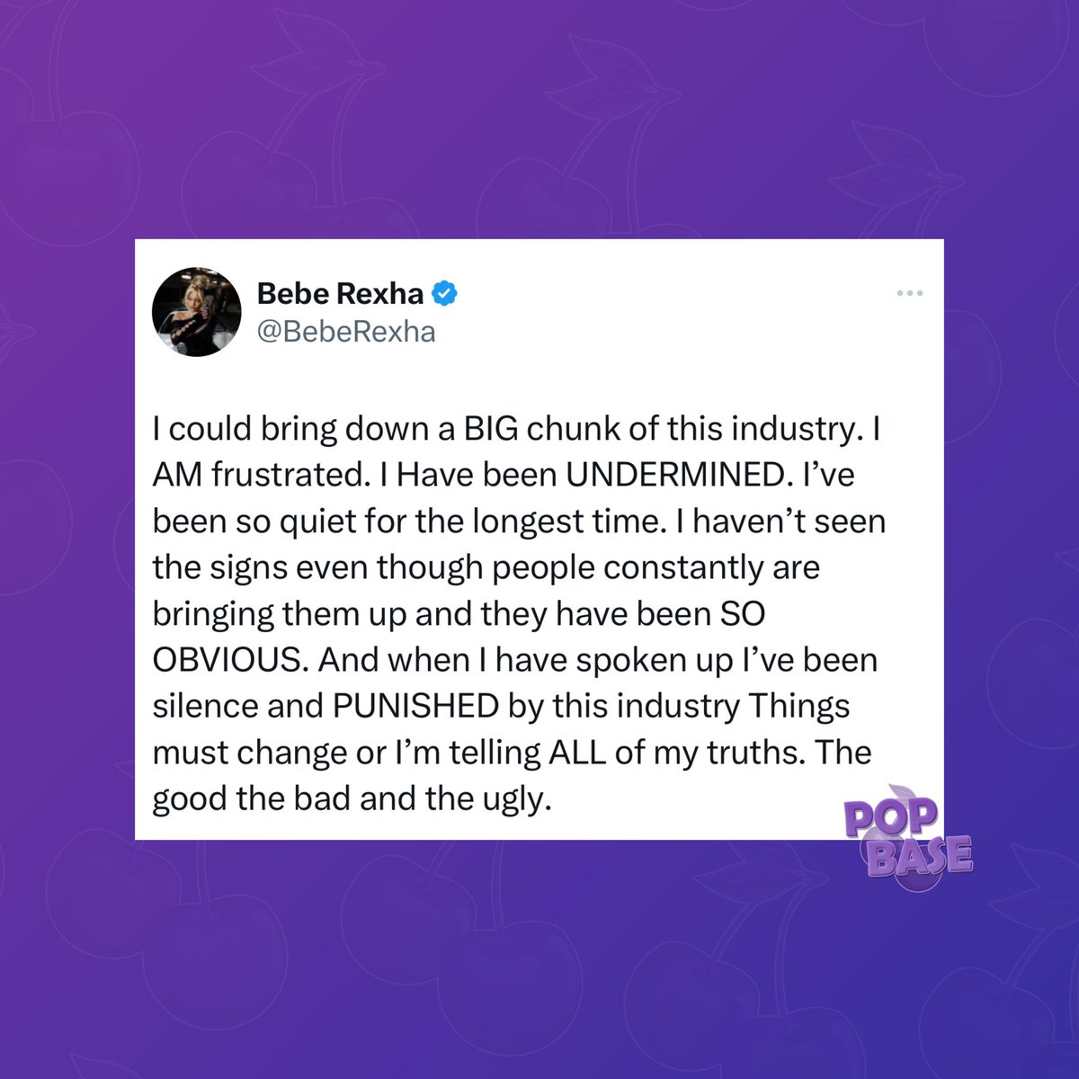 PopBase's tweet photo. Bebe Rexha expresses her frustration with the music industry in new Tweet:

“I could bring down a BIG chunk of this industry. I AM frustrated. I Have been UNDERMINED. (...) Things must change or I’m telling ALL of my truths.” https://t.co/J3STzldHfJ