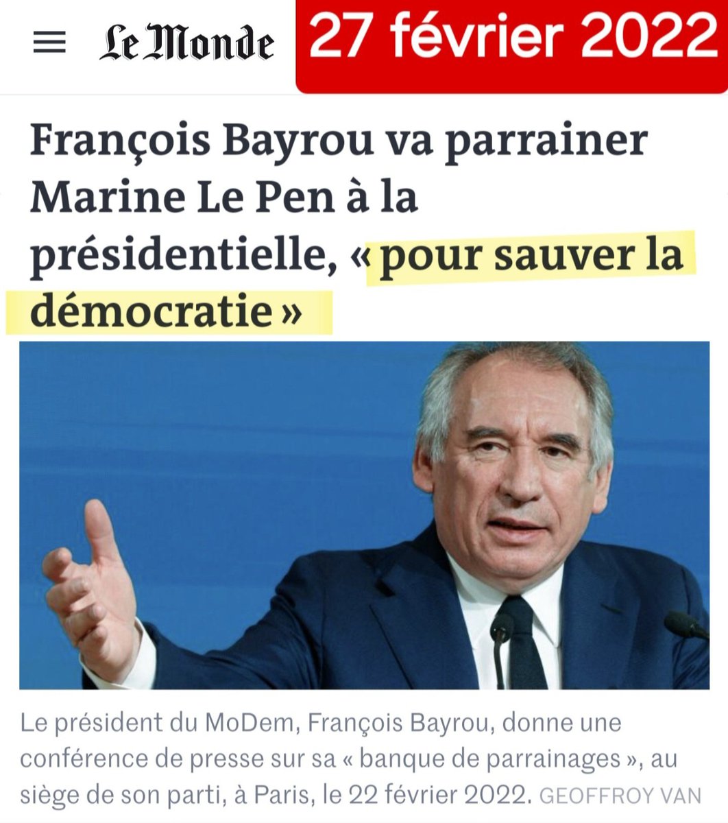 f_asselineau's tweet photo. 🤮POLITICAILLERIE
◾️27/02/22
Bayrou annonce parrainer Le Pen à la présidentielle pour «sauver la démocratie»
◾️04/22
Il donne
-des dizaines de parrainages à Poutou(NPA)
-zéro à moi
◾️2/07/24
Il annonce que «toutes les décisions de désistement ont été prises face au danger du RN» https://t.co/Vqthk2mZov