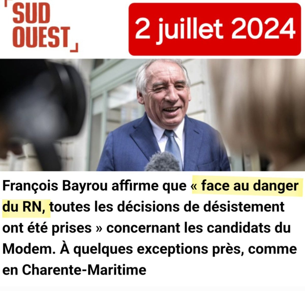 🤮POLITICAILLERIE
◾️27/02/22
Bayrou annonce parrainer Le Pen à la présidentielle pour «sauver la démocratie»
◾️04/22
Il donne
-des dizaines de parrainages à Poutou(NPA)
-zéro à moi
◾️2/07/24
Il annonce que «toutes les décisions de désistement ont été prises face au danger du RN»