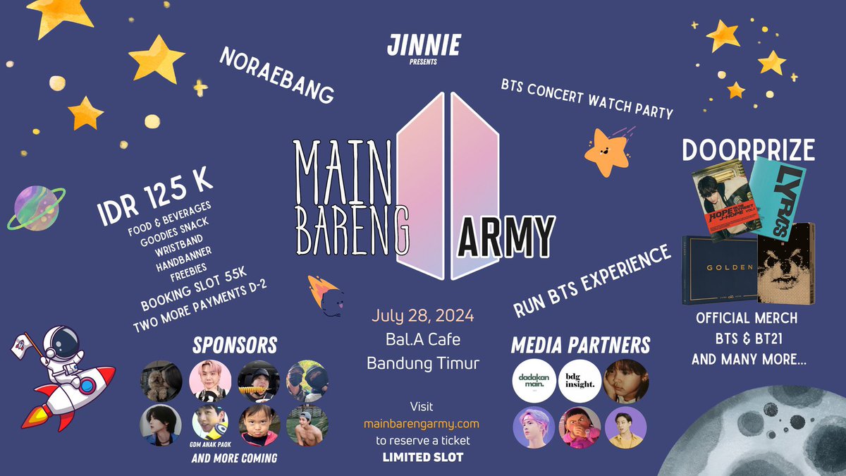 ausieyy's tweet photo. ✨RT JUSEYOO✨

Haloooooooo ARMY Bandung! 🎉

Let's Have Fun at #MainBarengARMY

🗓️ 28 July 2024
🕑 2 PM to 9 PM
📍 Bal.a Cafe Cinunuk, Bandung Timur

RSVP at https://t.co/qHqUK9aToa

Don't Miss Out The Fun!!
See you there! 💜 https://t.co/2uElWzdEfh https://t.co/DLj3e7VDGd
