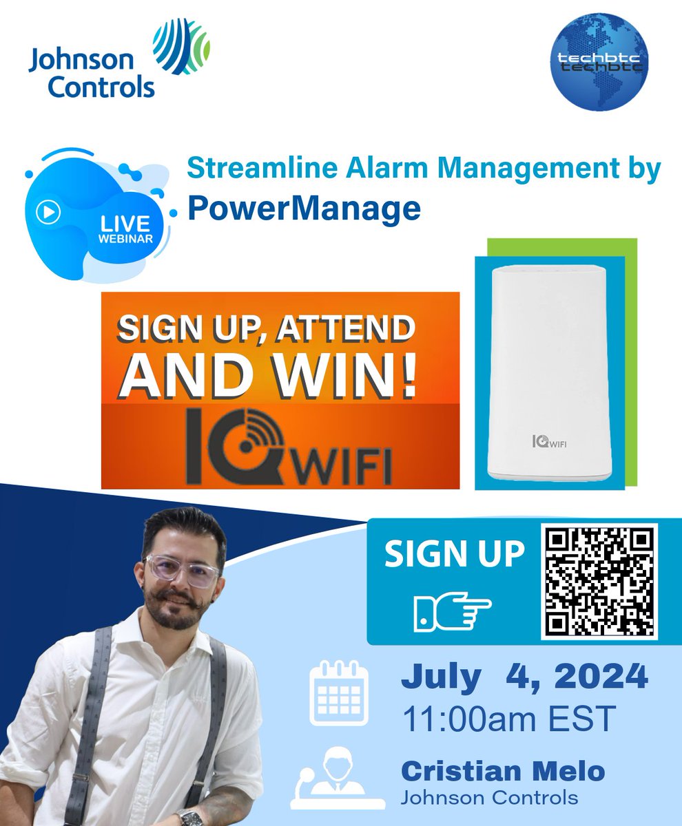 techbtc's tweet image. Join #techBTC&apos;s webinar on July 4  at 11am EST to streamline alarm management with #PowerManage by @johnsoncontrols 

Sign up &amp;amp; attend &amp;amp; to win an #IQWiFi! 🎁 See details: qolsys.com/iq-wifi/ 

Sign up🔗 events.teams.microsoft.com/event/e0d58bb2… 🚀

#training #Webinar #PowerManage #DSC #Qolsys
