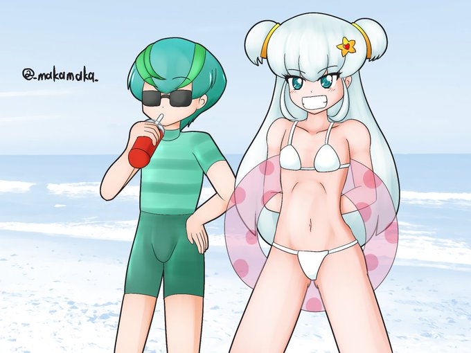 夏なので、うちの子ヴィランコンビのスピカとリゲルが海に来たイラストを描いてみました 