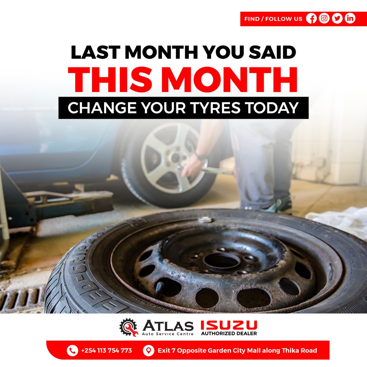 Atlasautocentre's tweet photo. Last month you said this month... Don't wait any longer! 🚗✨ Visit @Atlasautocentre and change your tires today for a safer ride.#howcanwehelp #garage #TimeForChange #AtlasAutoService #NewTires #RutoMustGo #Elections2024
#OccupyCBDTuesday #OccupyWestonHotel #GenZ https://t.co/Z7NPz37xFM
