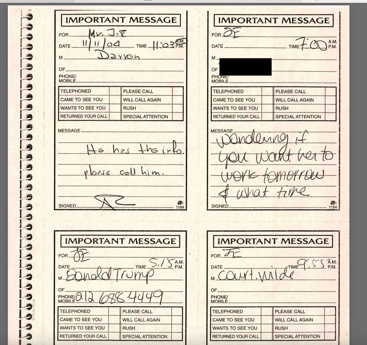 Holy moly! Right before Trump married Melania in January 2005, Trump called Jeffrey Epstein numerous times through 2004.

According to yesterday’s released Epstein records in the West Palm Beach indictment of Epstein, we can see Trump’s phone messages:

“His messages are in