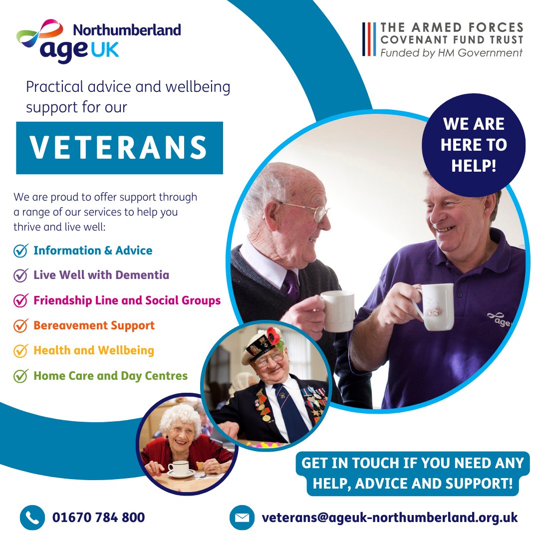 Here at Age UK Northumberland we have a brilliant Veterans service offering practical advice and support to ex-service personnel. The service is totally free with support ranging from Welfare Benefits to Bereavement Support and Exercise Classes.

Get in touch to find out more!